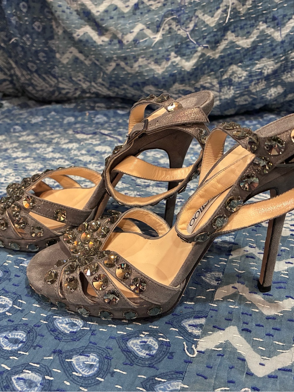 Jimmy Choo Gray Crystal-Embellished Strappy High Heels